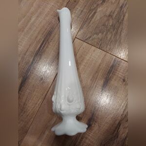 Vintage FENTON Milk Glass Swung Glass Cabbage Rose Footed Embossed 10” Bud Vase